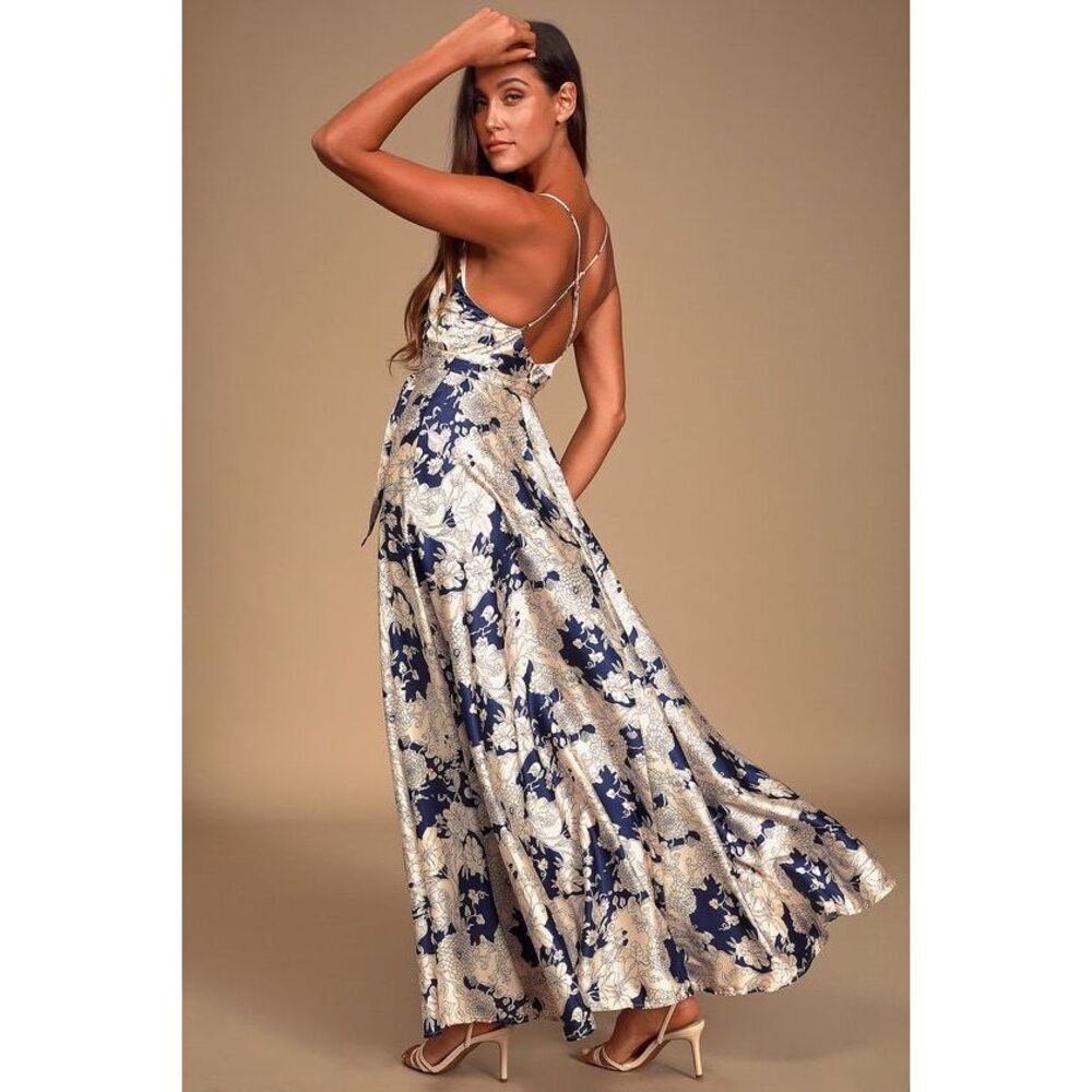 Lulu’s Tea Gardens Navy Blue Floral Print Satin Maxi Dress